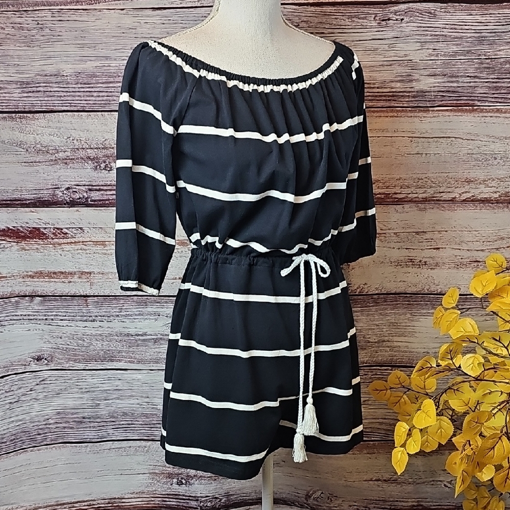 NEW BLACK & WHITE STRIPED 3/4 SLEEVE OFF SHOULDER TIE WAIST ROMPER